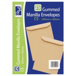 Envelopes Manilla Gummed C5 229mm x 162mm 25 Pack